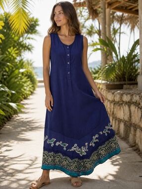 Cabernet Linen Cotton Boho Midi Patio Dress Embroidered Paisley Art To Wear